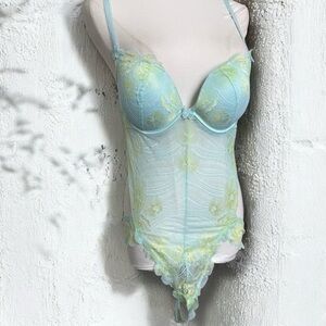 NWT Vintage-Inspired Sheer Lace Bodysuit Aqua Blue & Lemon Floral Embroidery M